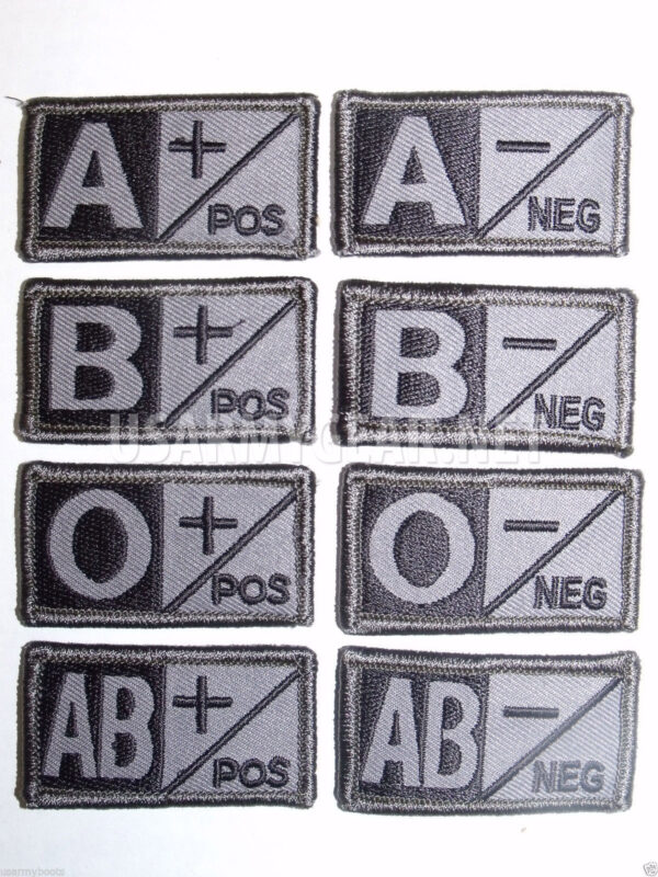 US Army Military ACU Grey Black Velcro Blood Type Patches A B AB 0 O Neg - Pos +