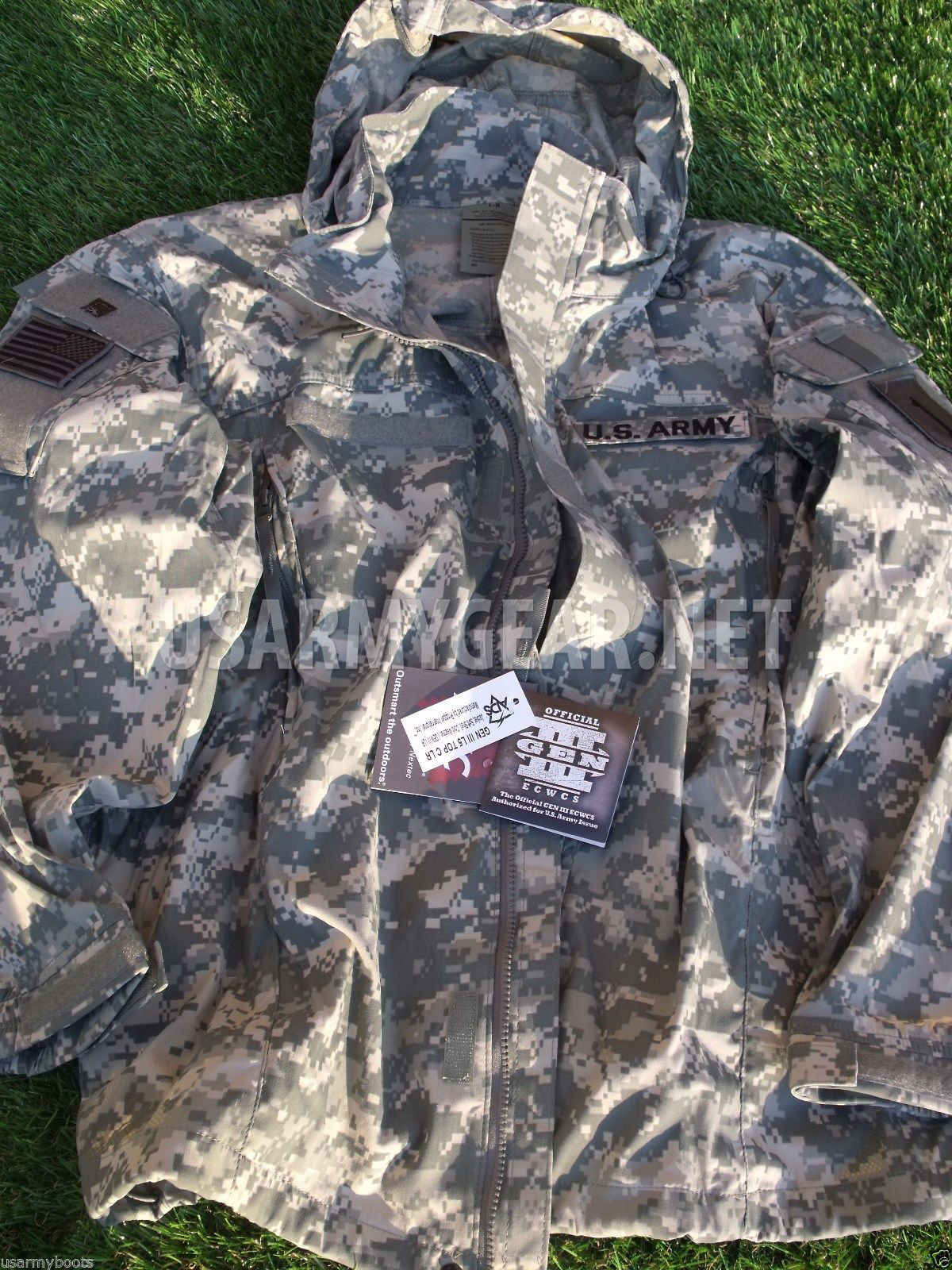 US ARMY EWCS Gen 3 Level 5 Soft Shell Cold Weather Jacket ACU Rain Coat Hood L/R